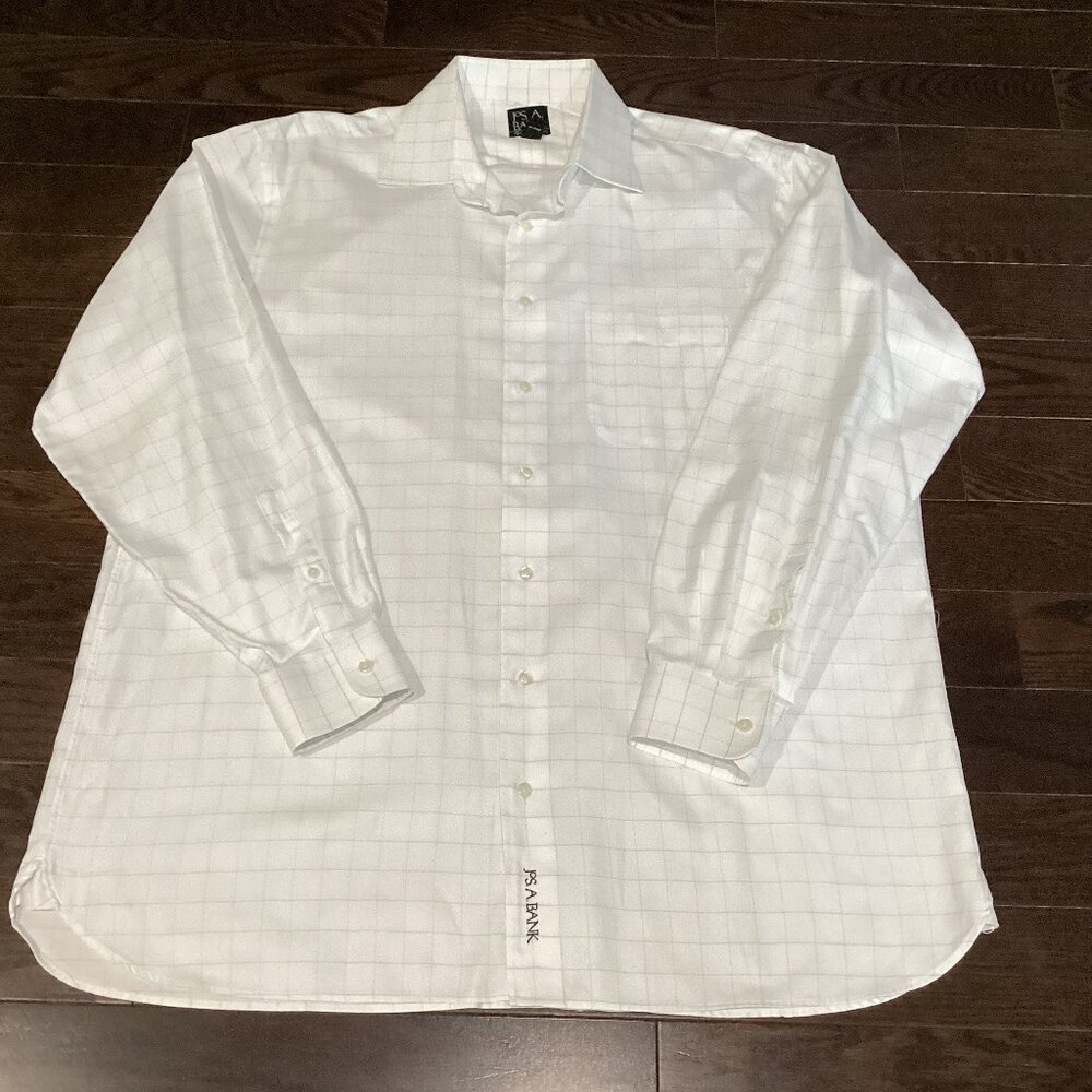 JoS A Bank Blue and White Checked Long-sleeve Button-up Dress Shirt - 16.5 x 35